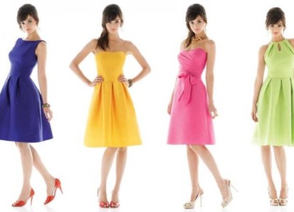 alfred-sung-royal-blue-bright-yellow-bubble-gum-pink-light-lime-green-bridesmaids-dresses-strapless-sweetheart-knee-length